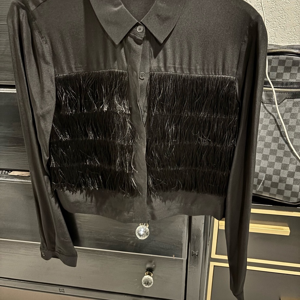 Rebecca Taylor Black 100% Silk Fringe Blouse